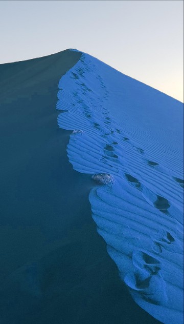 A tall blue sand dune with a line of footprints climbing its ridge, under a pale sky