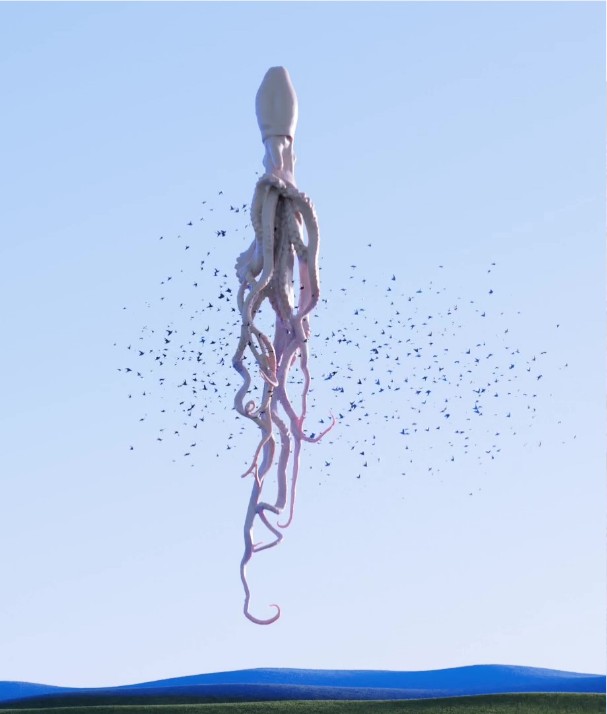 A huge pale squid hanging upright in a clear blue sky above a blue desert, with a cloud of tiny birds around it