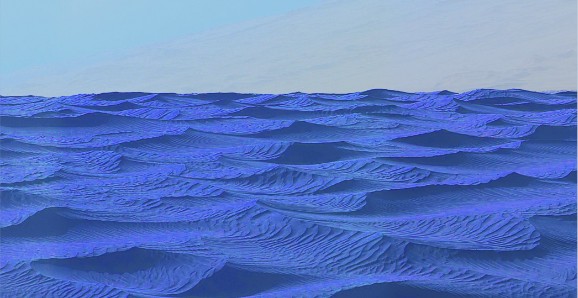 Rolling blue dunes stretching to a pale horizon
