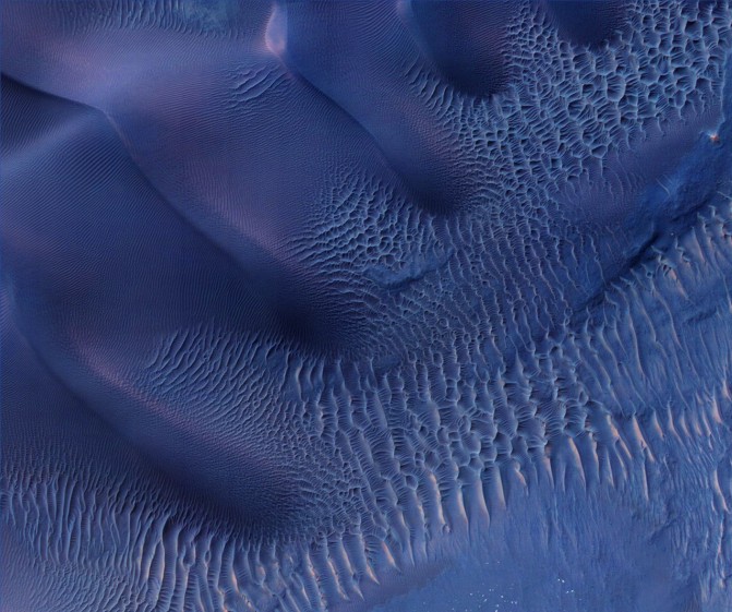 An aerial view of dunes with wind-rippled sand in blue and violet shades