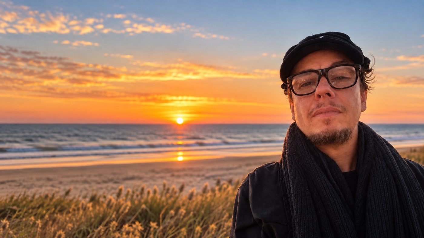 Mirko on a beach at sunset, in a dark cap, glasses and a scarf