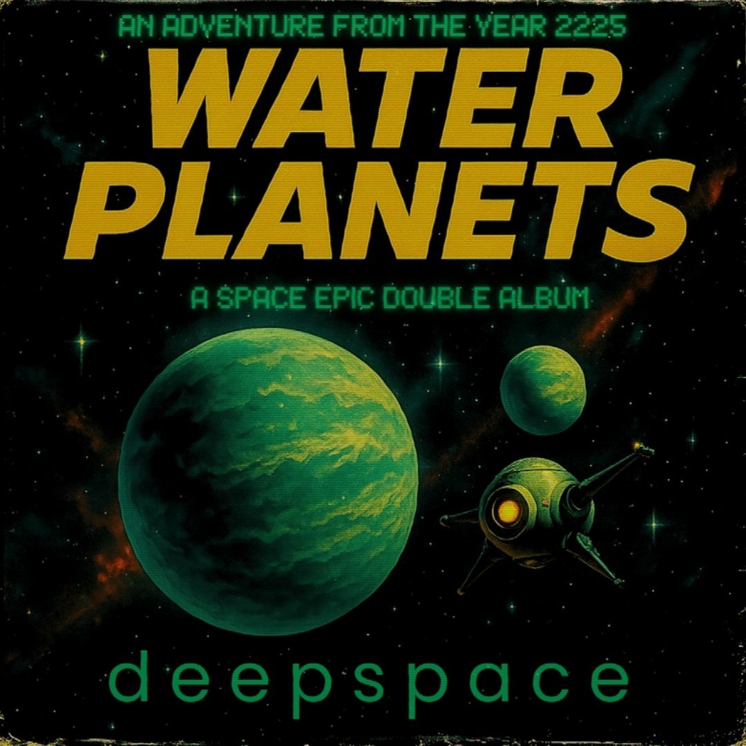 Water Planets by deepspace. An adventure from the year 2225, a space epic double album. A green water planet with two small moons.