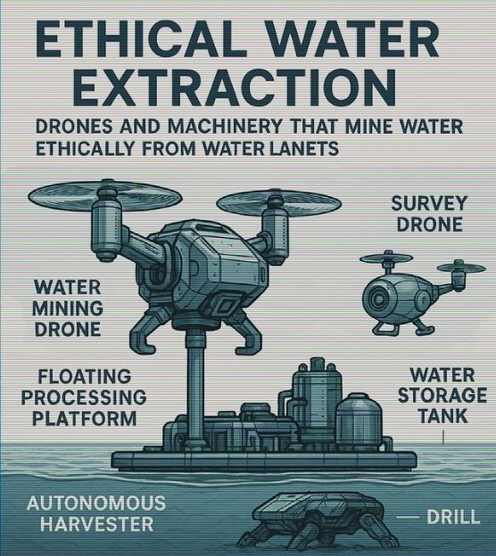 Diagram titled Ethical Water Extraction: a water mining drone, survey drone, floating processing platform, water storage tank, autonomous harvester and drill