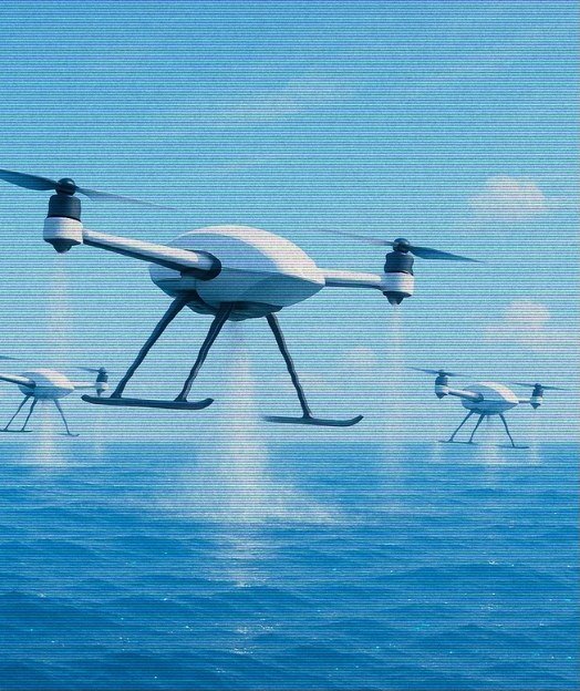 White drones hovering over a blue sea