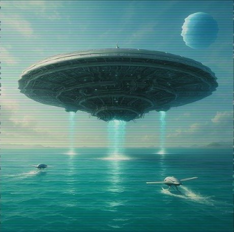 A large flying saucer-shaped tanker hovering over a green sea, drawing up water in beams