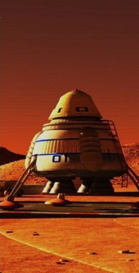 A cream-coloured landing pod standing on red Martian ground under a dark red sky
