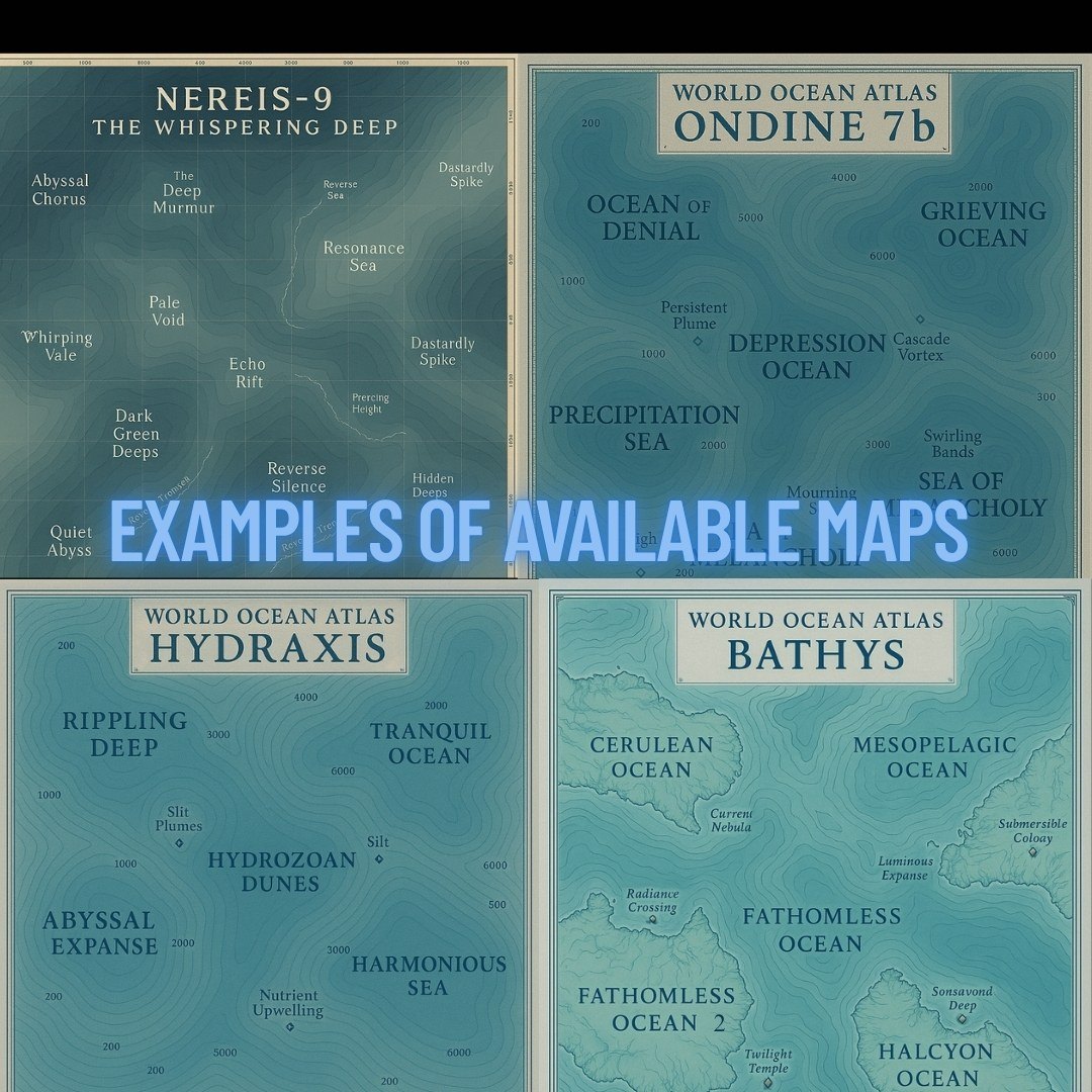 Four hand-drawn style maps of the water planets Nereis-9, Ondine 7b, Hydraxis and Bathys, headed Examples of available maps
