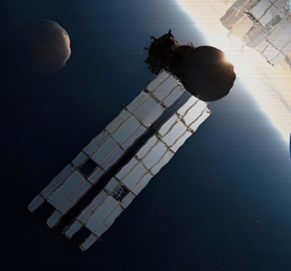 A satellite with long solar panels in orbit above the curve of a planet, with a small moon beside it