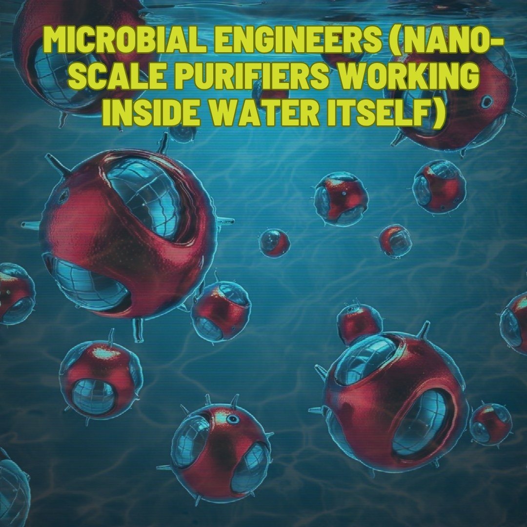 MICROBIAL ENGINEERS: red spiked nano-machines floating in clear blue water