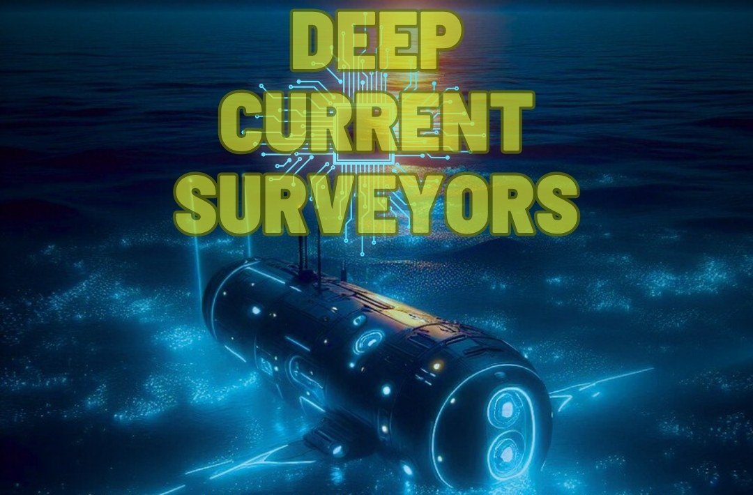 DEEP CURRENT SURVEYORS: a glowing submarine in dark blue water